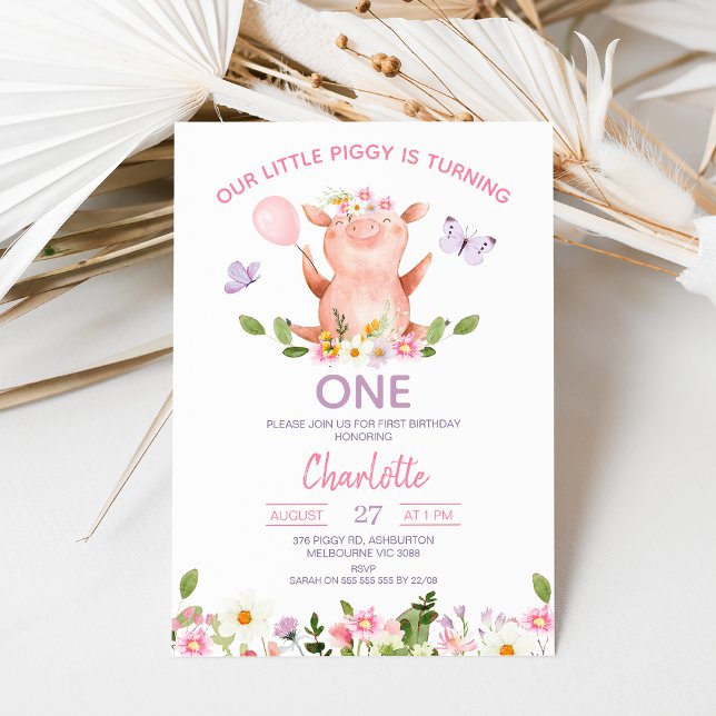 Purple Butterflies Our Little Piggy 1st Birthday Invitation (Editable Pig Birthday Invitation, Little Piggy Birthday Invite, Floral Pig Birthday, Wildflowers)