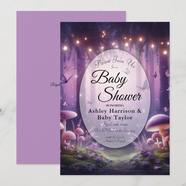 Purple Butterflies Starlit Skies Baby Shower Invitation (Front/Back)