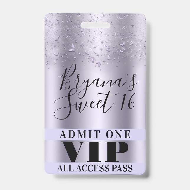 Purple Butterflies Sweet 16 Party VIP Pass Badge ID Badge (Front)
