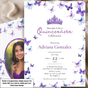 Purple Butterflies Tiara Photo 15 XV Quinceanera Invitation