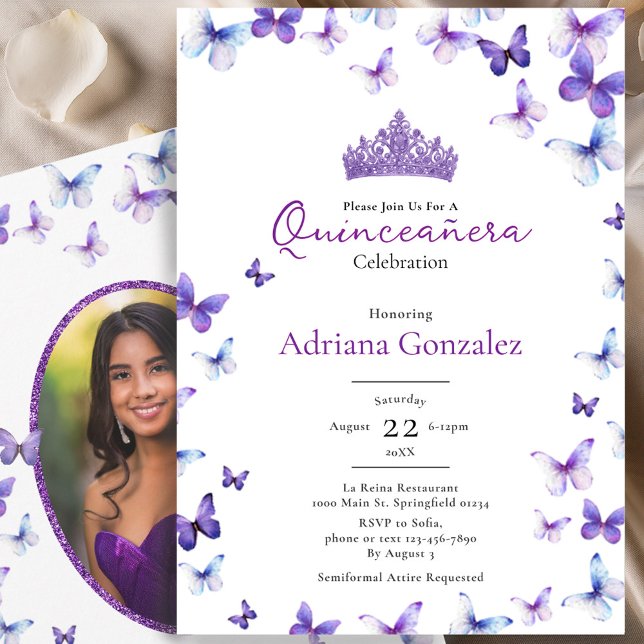 Purple Butterflies Tiara Photo 15 XV Quinceanera Invitation (Creator Uploaded)