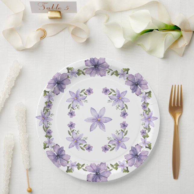 Purple Butterflies Watercolor Wildflower Baby Show Paper Plate (Wedding)