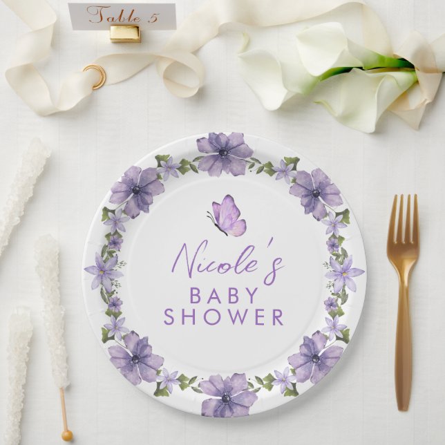 Purple Butterflies Watercolor Wildflower Baby Show Paper Plate (Wedding)