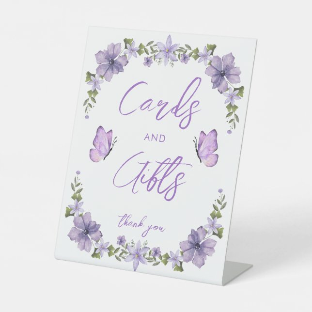 Purple Butterflies Watercolor Wildflower Baby Show Pedestal Sign (Front)