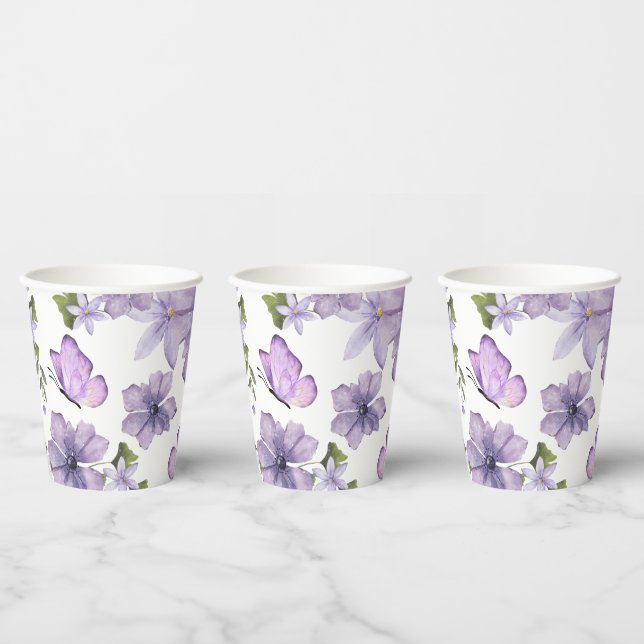 Purple Butterflies Watercolor Wildflower  Paper Cups (Multi)