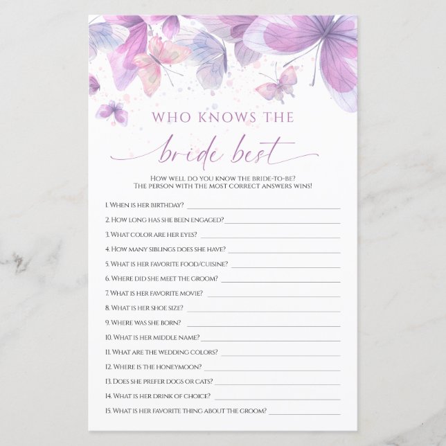 Purple Butterflies Who Knows The Bride Best Game (Front)