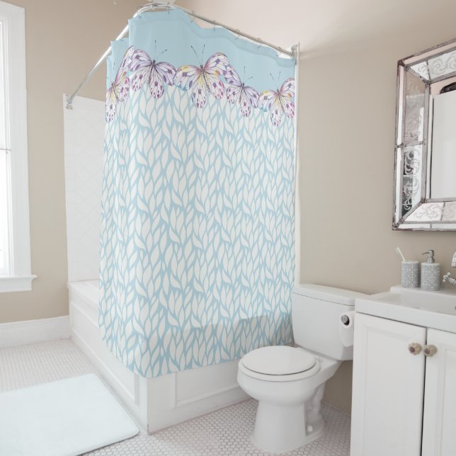 Purple Butterflies with Light Blue Pattern Shower Curtain (In Situ)