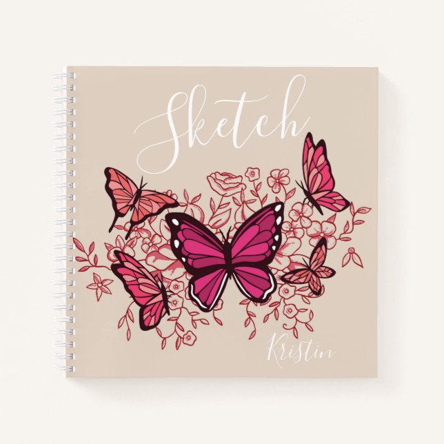 Purple Butterflies With Name Sketchbook Notebook (Front)