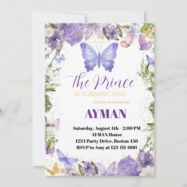 Purple Butterfly 1st Birthday Invitation for Boy – (Front)