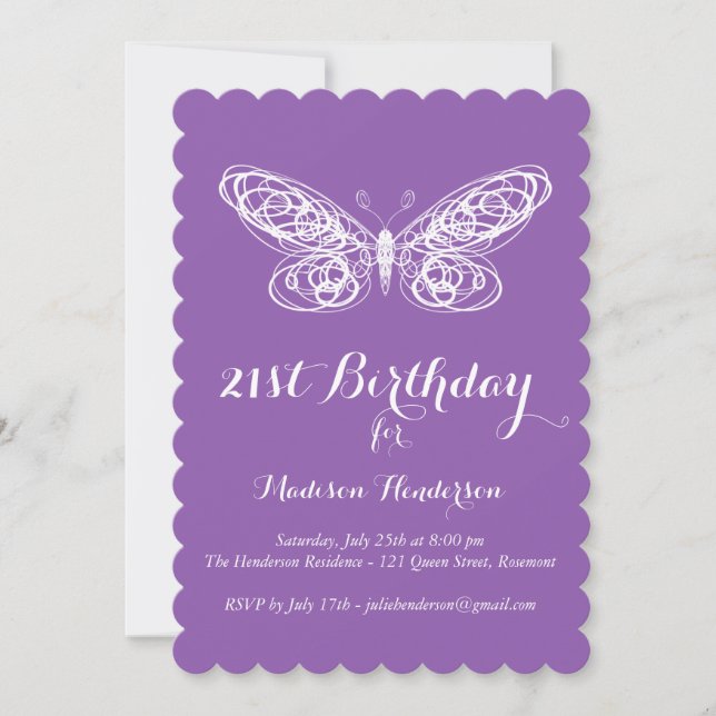 Purple Butterfly 21st Birthday Invitation (Front)
