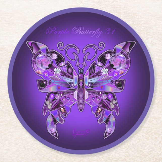Purple Butterfly 31  Round Paper Coaster (Front)