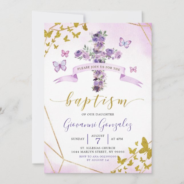 Purple Butterfly and Floral Baptism Invitation (Front)