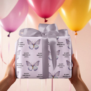 Purple Butterfly and Happy Birthday  Wrapping Paper