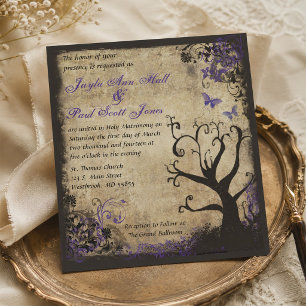Purple Butterfly and Tree Vintage Wedding Invitation