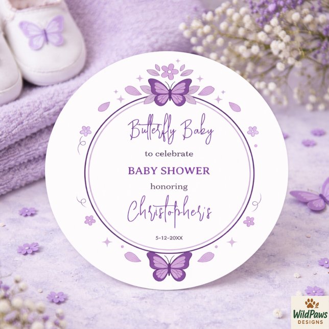 Purple Butterfly Baby Girl Baby Shower  Classic Round Sticker (Purple Butterfly Baby Girl Baby Shower Classic Round Sticker
)