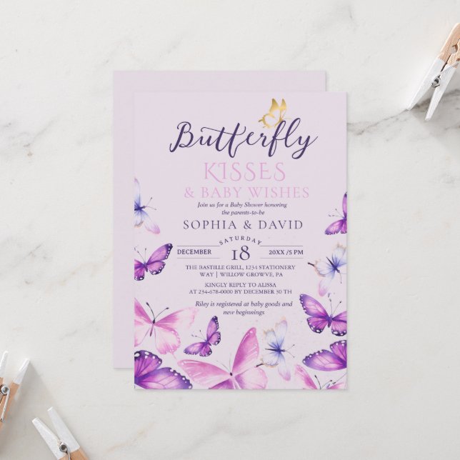 Purple Butterfly Baby Girl Baby Shower  Invitation (Front/Back In Situ)