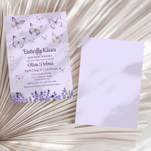 Purple Butterfly Baby Girl Shower Invitation (Purple Butterfly Baby Girl Shower Invitation on a dry white palm leaf.)