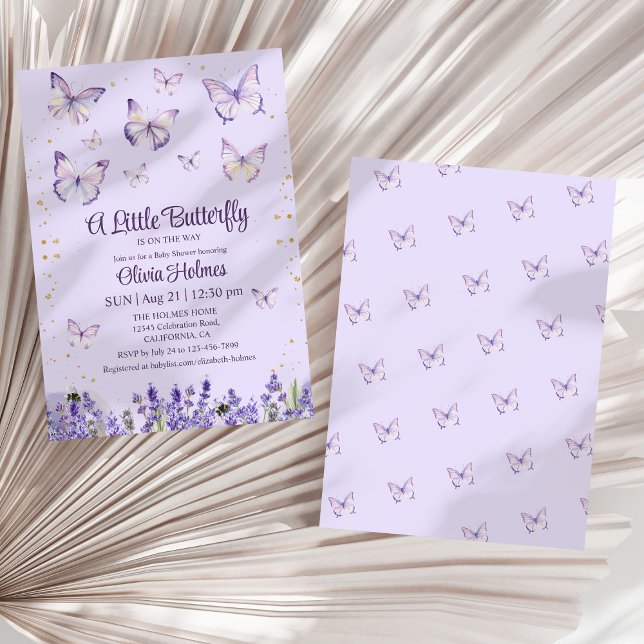 Purple Butterfly Baby Girl Shower Invitation (Purple Butterfly Baby Girl Shower Invitation on a dry white palm leaf.)