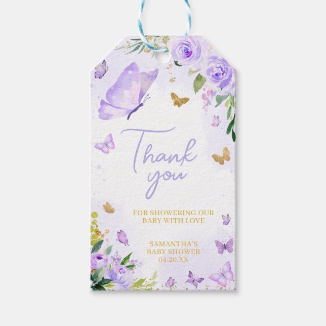 Purple Butterfly Baby Shower Favour Tags (Front)