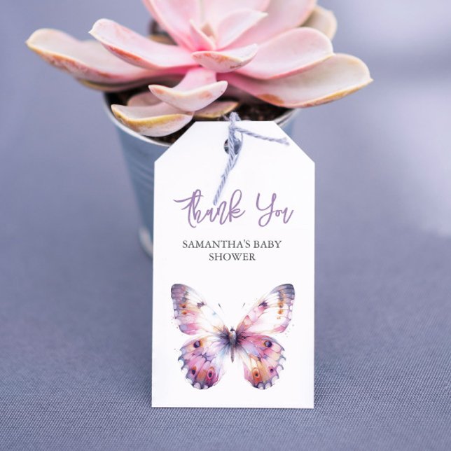 Purple Butterfly Baby Shower Favour Tags (Baby shower favor tags purple butterfly watercolor art by Victoria Grigaliunas of Do Tell A Belle)