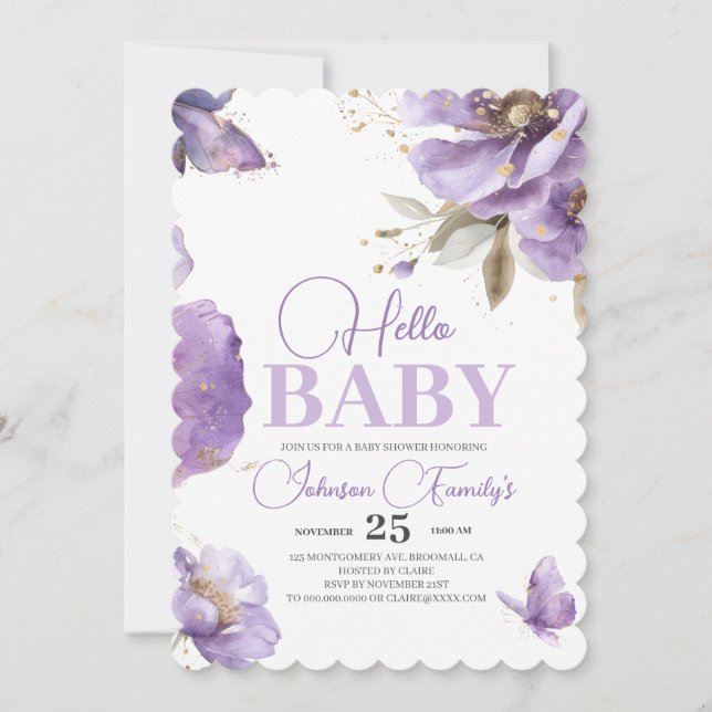 Purple Butterfly Baby Shower,flowers Invitation (Front)