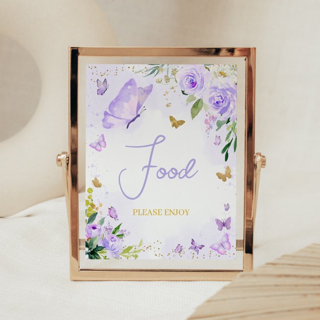 Purple Butterfly Baby Shower Food Poster (Girl Floral Butterfly Baby Shower Food Sign)