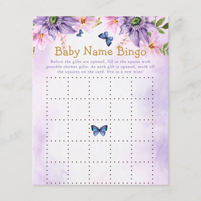 Purple Butterfly Baby Shower Game Bingo (Front)