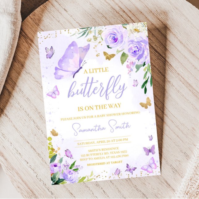 Purple Butterfly Baby Shower  Invitation (Girl Floral Butterfly Baby Shower Invitation)