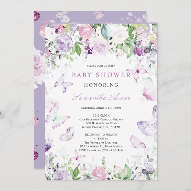 Purple Butterfly Baby Shower  Invitation (Front/Back)