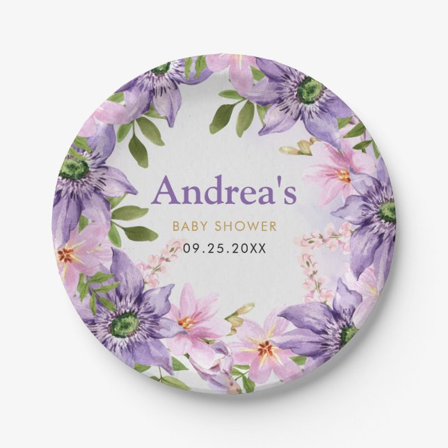 Purple Butterfly Baby Shower Paper Plate (Front)