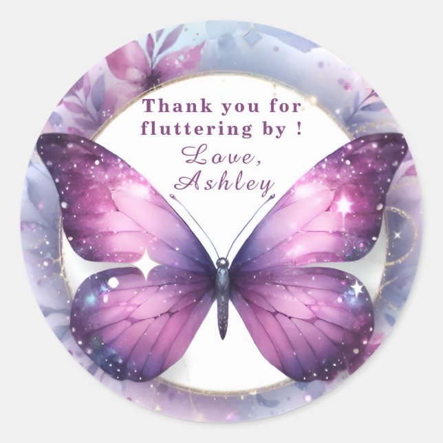 Purple Butterfly Baby Shower Thank you  Classic Round Sticker (Front)