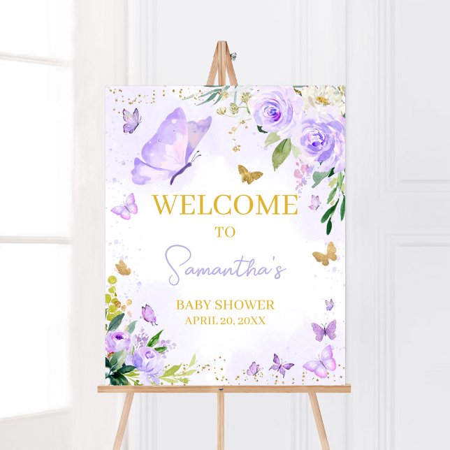 Purple Butterfly Baby Shower Welcome Poster (Girl Floral Butterfly Baby Shower Welcome Sign)