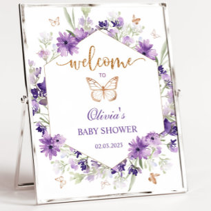Purple butterfly baby shower welcome sign