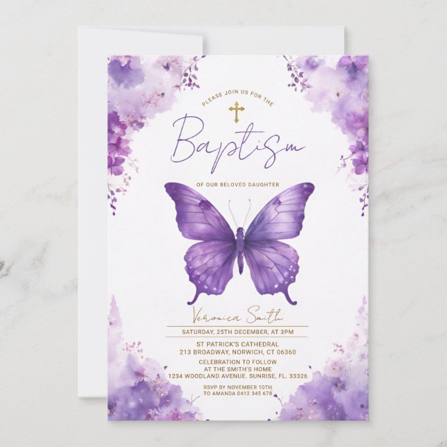 Purple Butterfly Baptism Invitation (Front)