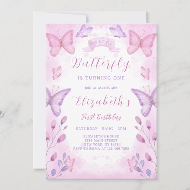 Purple Butterfly Birthday Invitation (Front)