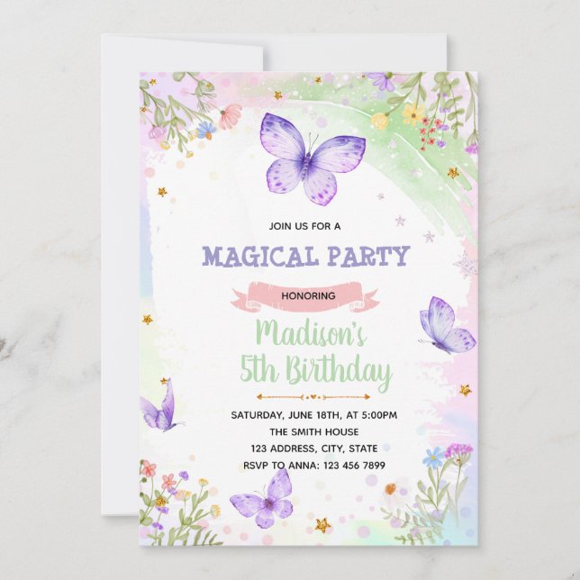 Purple butterfly birthday invitation (Front)