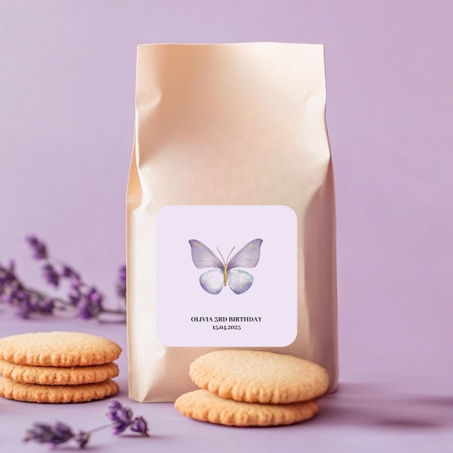 Purple Butterfly Birthday Party Square Sticker (Creator Uploaded)