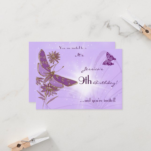 Purple Butterfly Birthday RSVP Invitation Card (Front/Back In Situ)