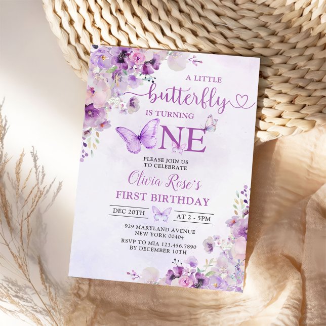 Purple Butterfly Boho Flowers 1st Birthday Invitation (Creator Uploaded)