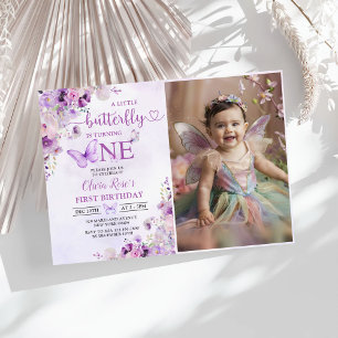 Purple Butterfly Boho Flowers 1st Birthday Photo Invitation