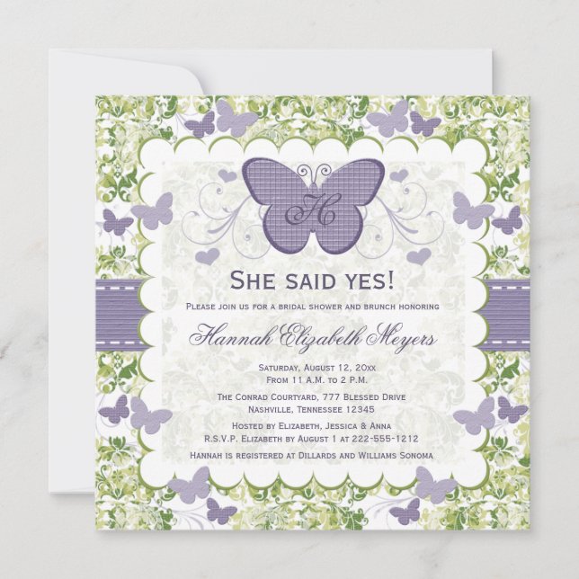 Purple Butterfly Bridal Shower Invitations Invites (Front)