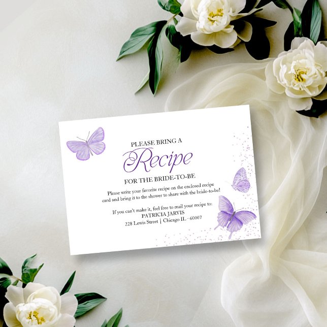 Purple Butterfly Bridal Shower Recipe Request Invitation (Creator Uploaded)