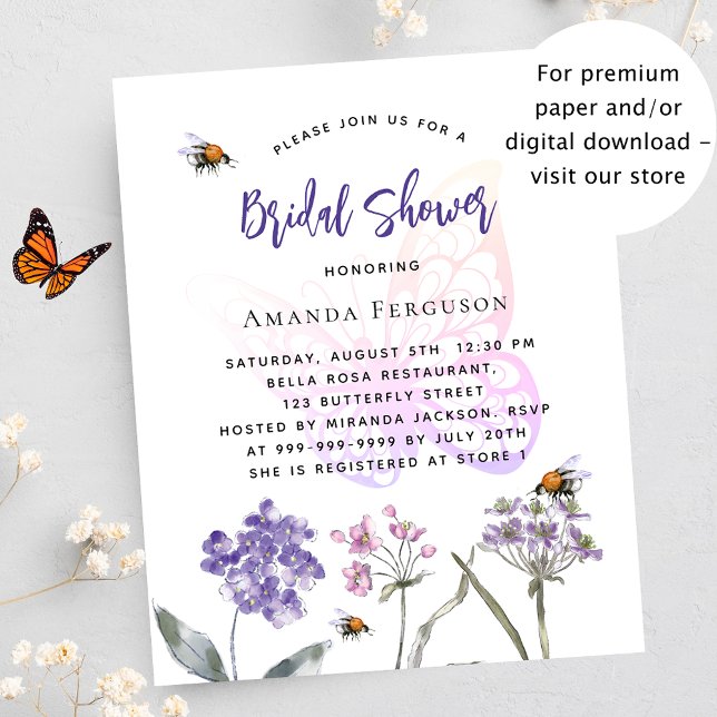 Purple butterfly budget bridal shower invitation (Creator Uploaded)