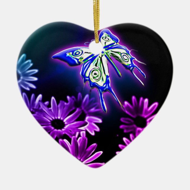 Purple Butterfly Daisy Ceramic Tree Decoration (Front)