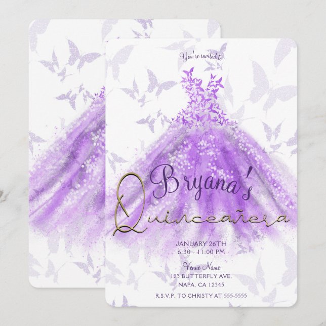 Purple Butterfly Dance Dress Quinceañera Party  Invitation (Front/Back)