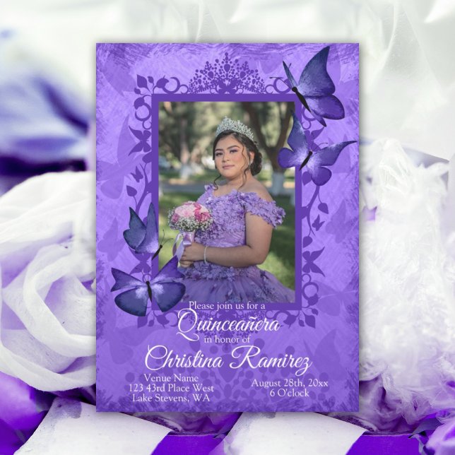 Purple Butterfly, Fancy Quinceanera Invitation (purple quinceanera invitation fancy border frame leaves vines around photo purple gown dress)