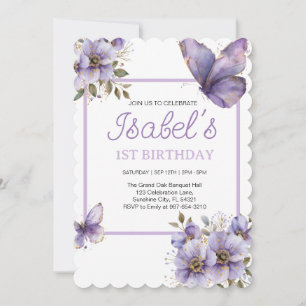 Purple Butterfly first birthday,flowers Invitation