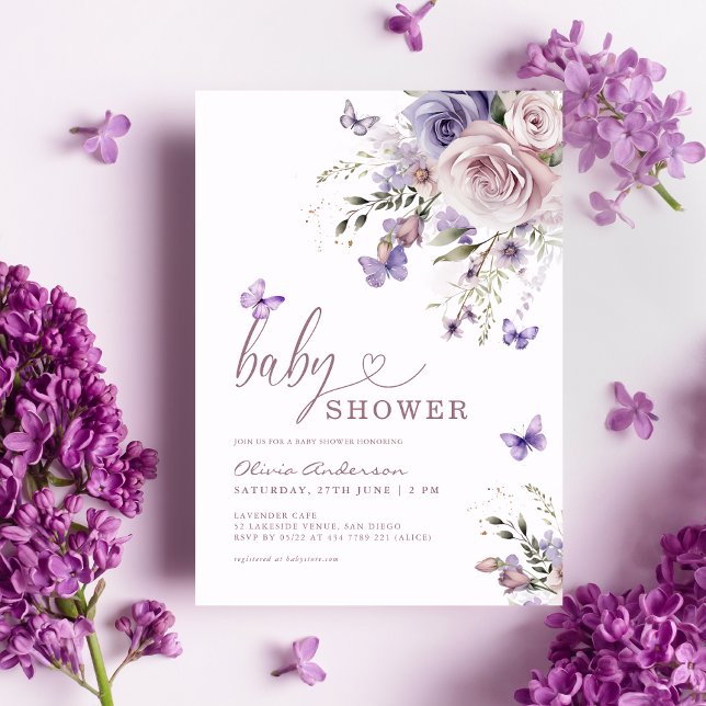 Purple Butterfly Floral Baby Shower  Invitation (Creator Uploaded)