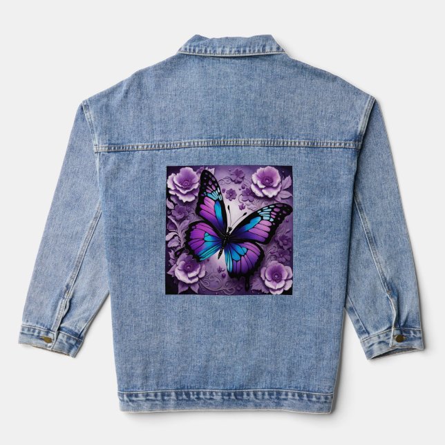 Purple Butterfly Floral  Denim Jacket (Back)