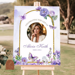 Purple Butterfly Floral Funeral Welcome Sign